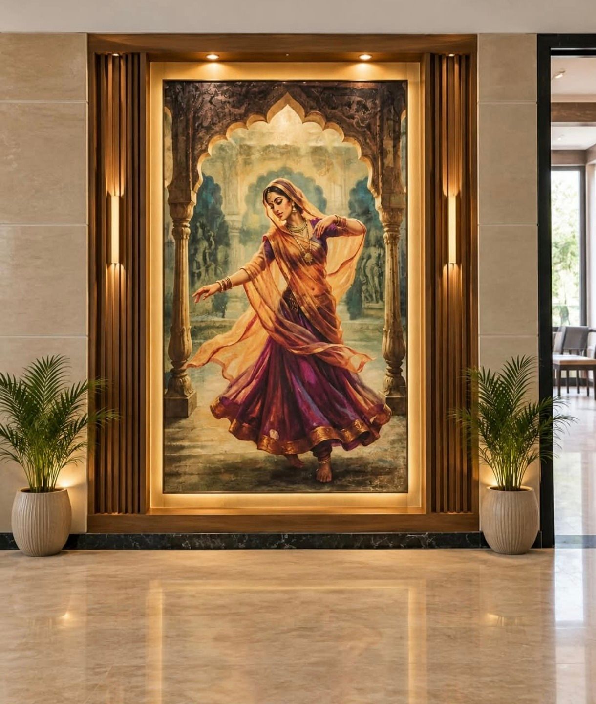 A Braj-inspired painting of a dancer in a backlit wooden niche at Vrajraj