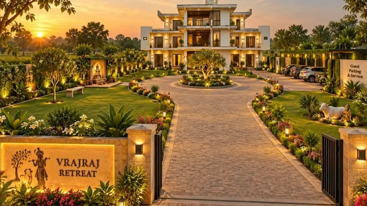 Vrajraj Farms & Retreat entrance and gardens at sunset, Govardhan