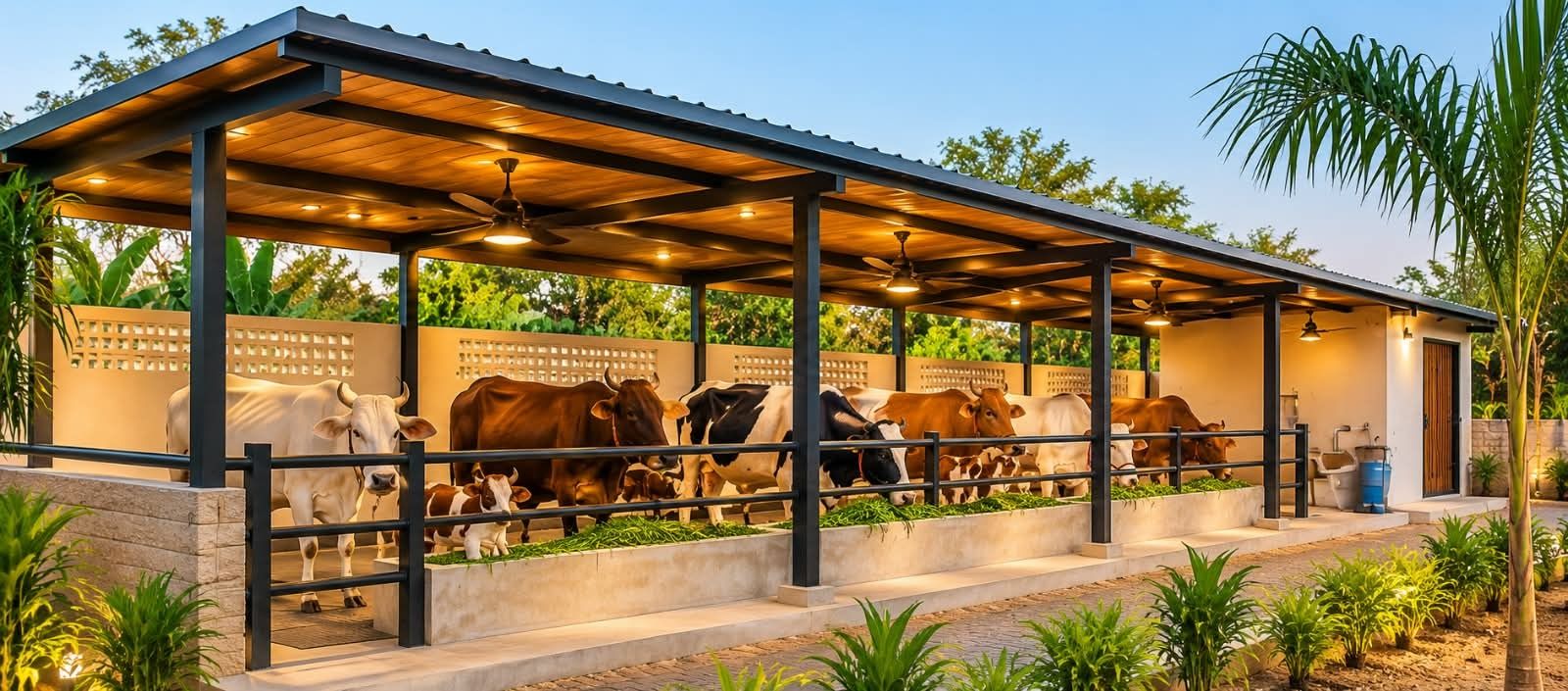 The gaushala at Vrajraj Farms with Indian cows feeding on fresh green fodder