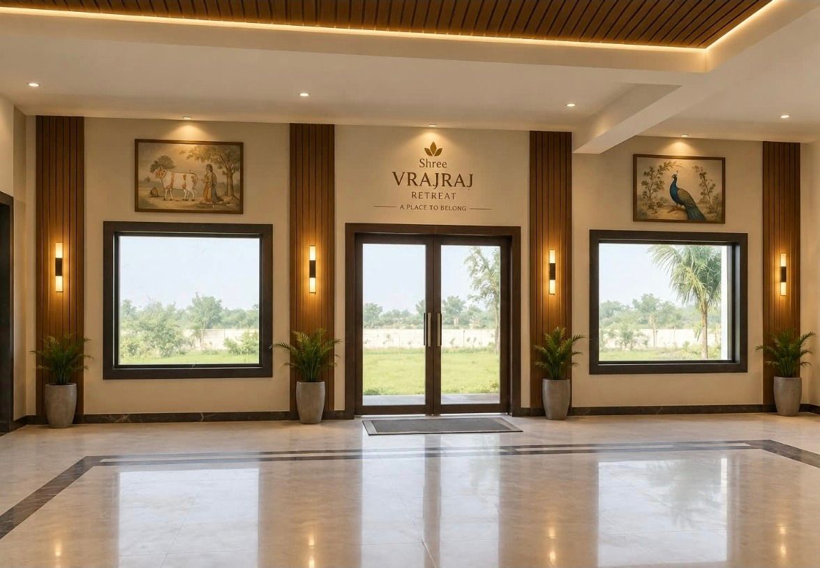 Reception lobby at Vrajraj Farms & Retreat with Braj paintings and views of the fields