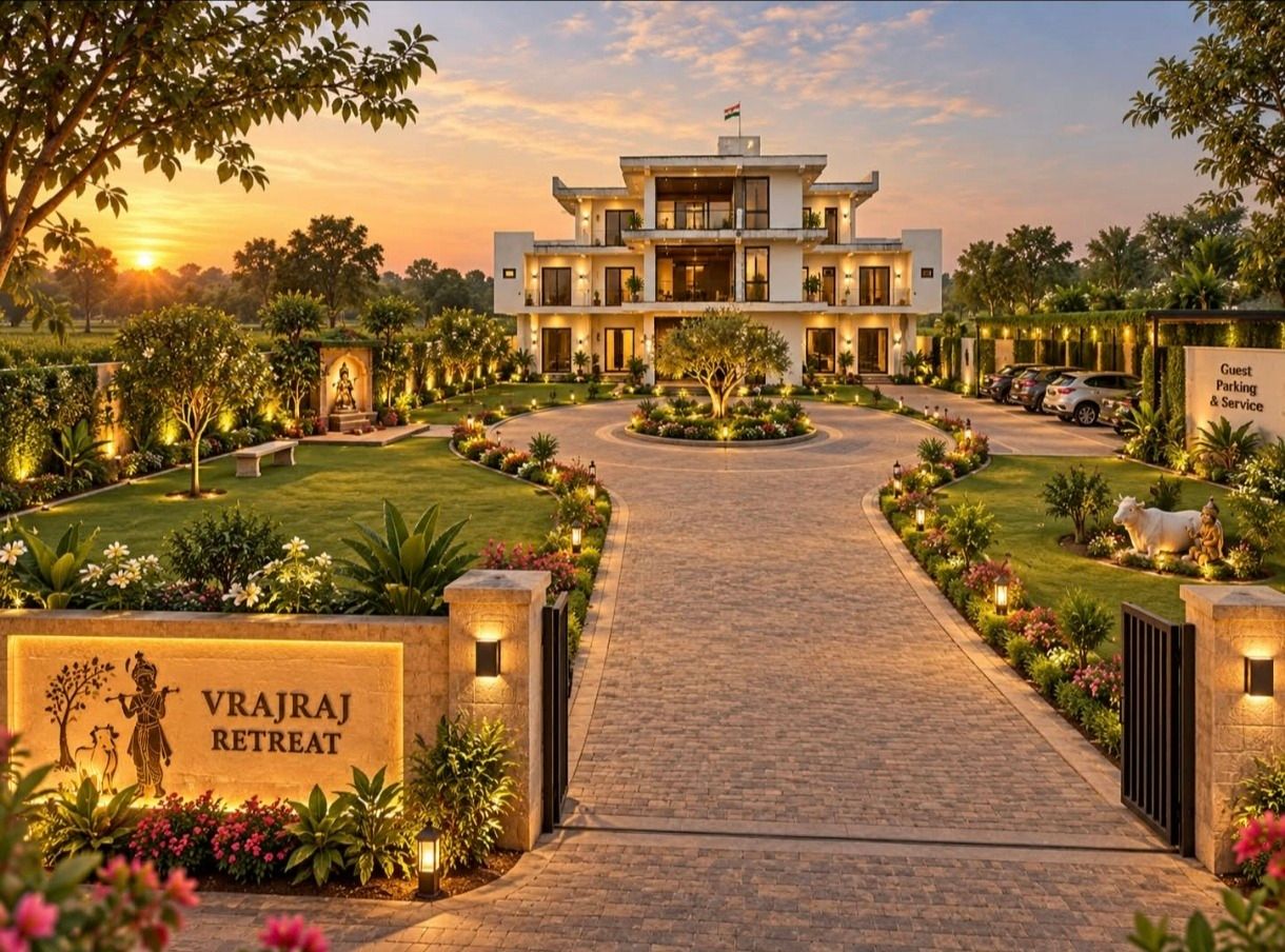 The illuminated entrance drive and gardens of Vrajraj Retreat at sunset, ready for a celebration