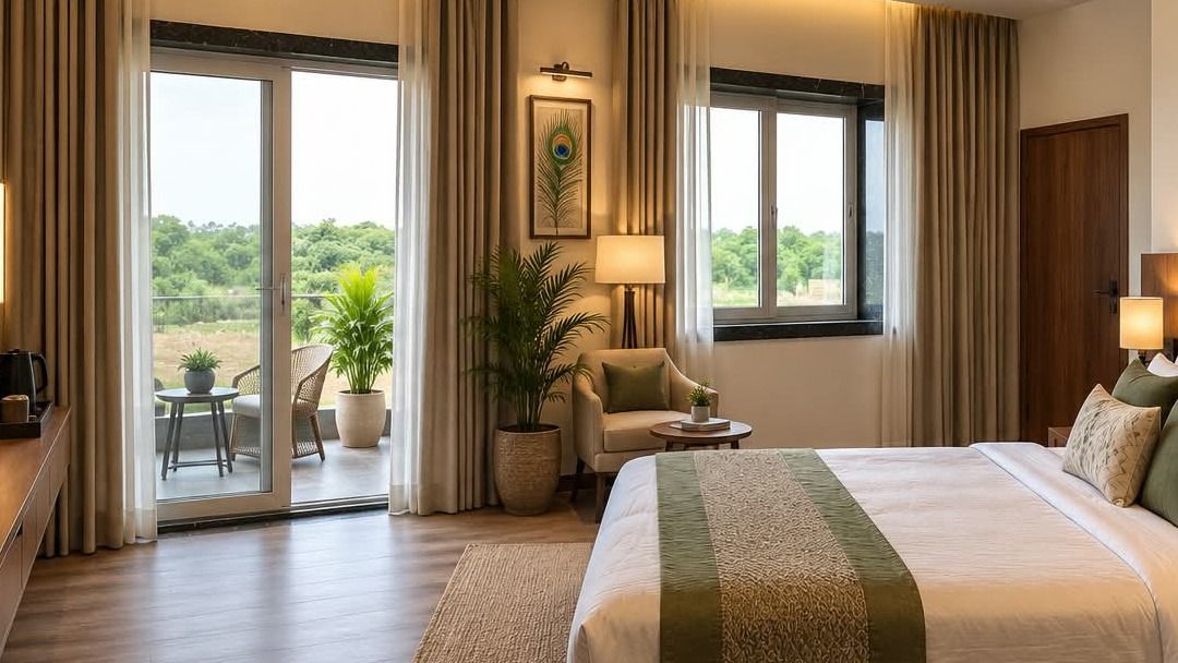 Bed with olive cushions and a jute rug in a Vrajraj guest room, with balcony seating beyond