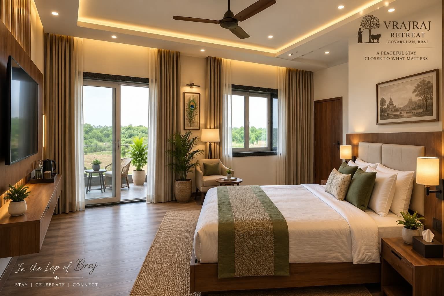 A calm, warm guest room at Vrajraj with a balcony overlooking green fields in Govardhan